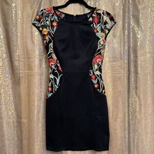 BCX Black Floral Bodycon Sheer Cap Sleeve Sheath Cocktail Party Dress Size 3